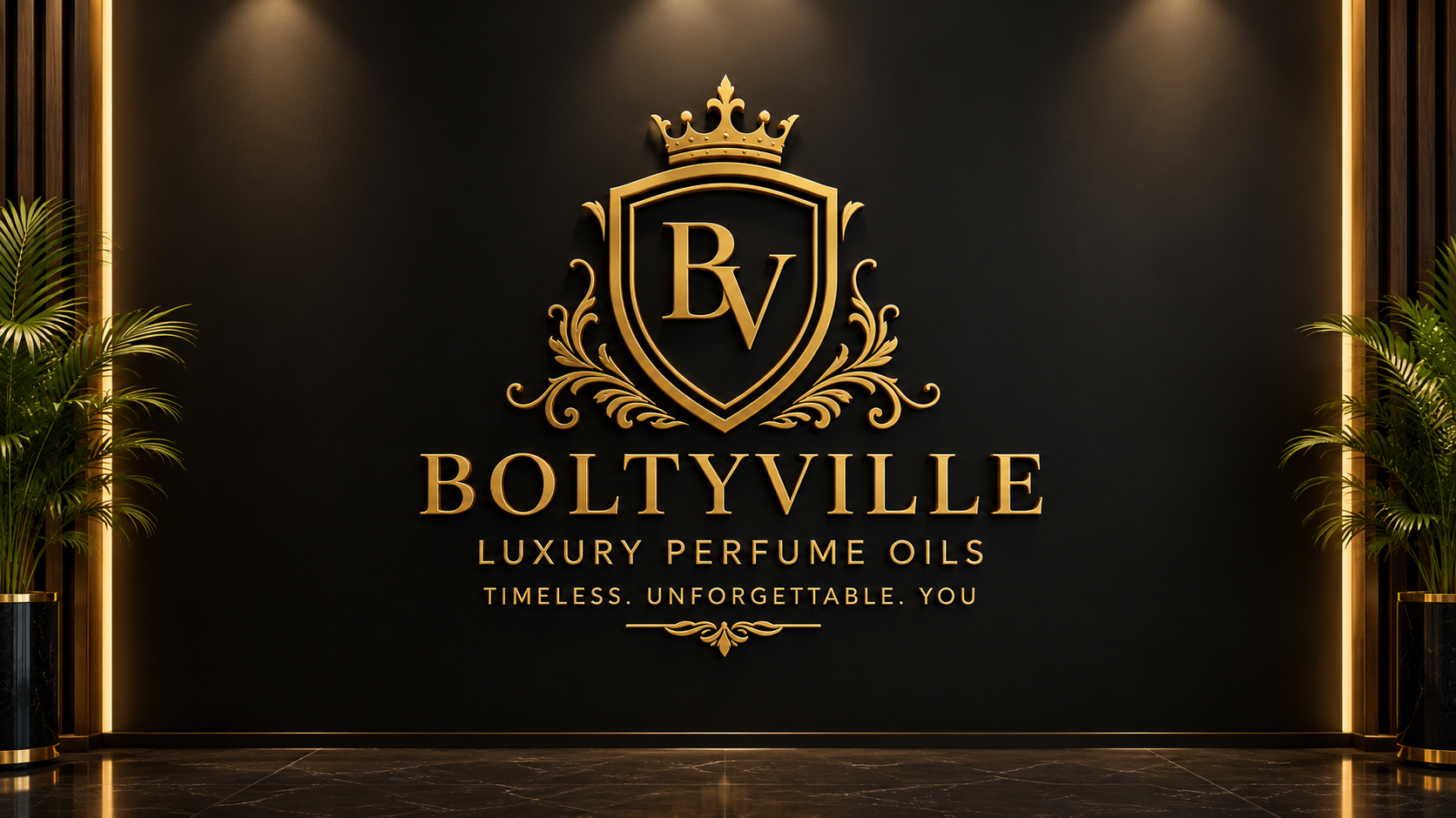The BoltyVille gold crest with the line Luxury Perfume Oils, Timeless, Unforgettable, You